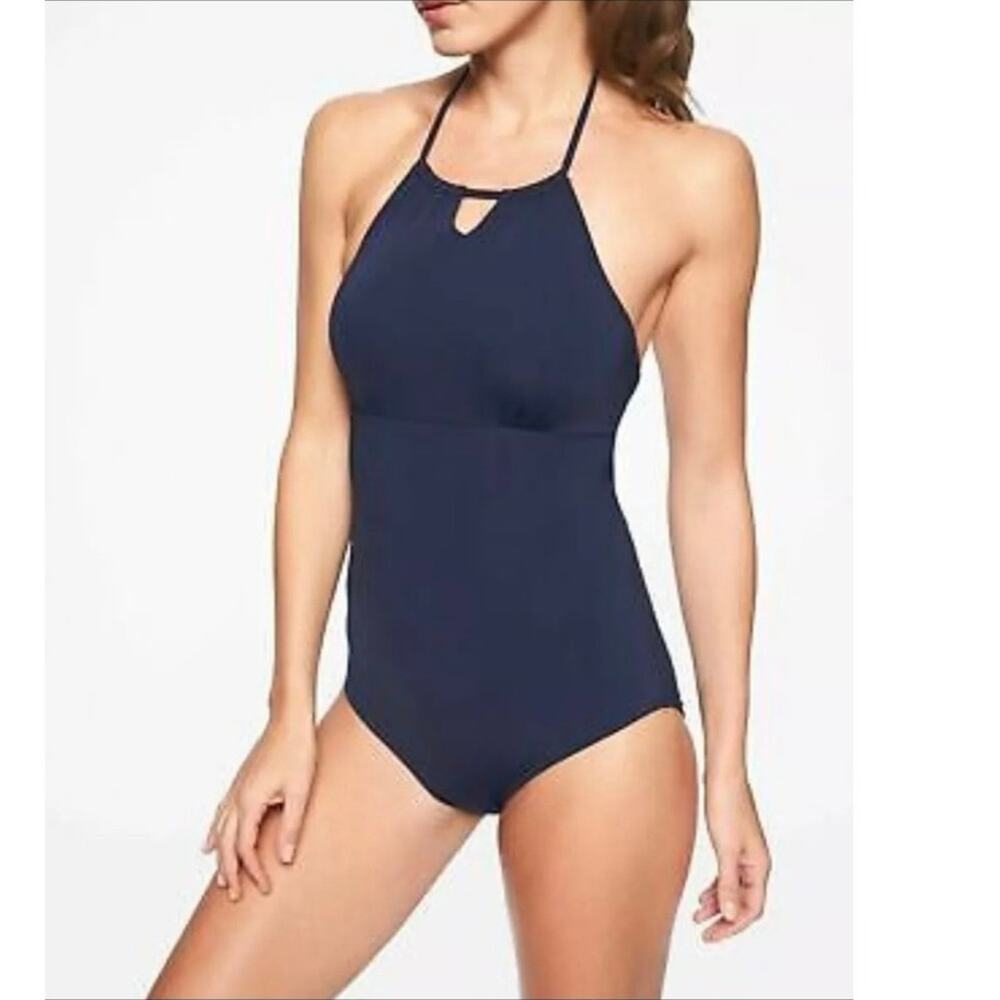 ATHLETA navy blue high neck keyhole onepiece swimsuit, size L, beach pool, swim